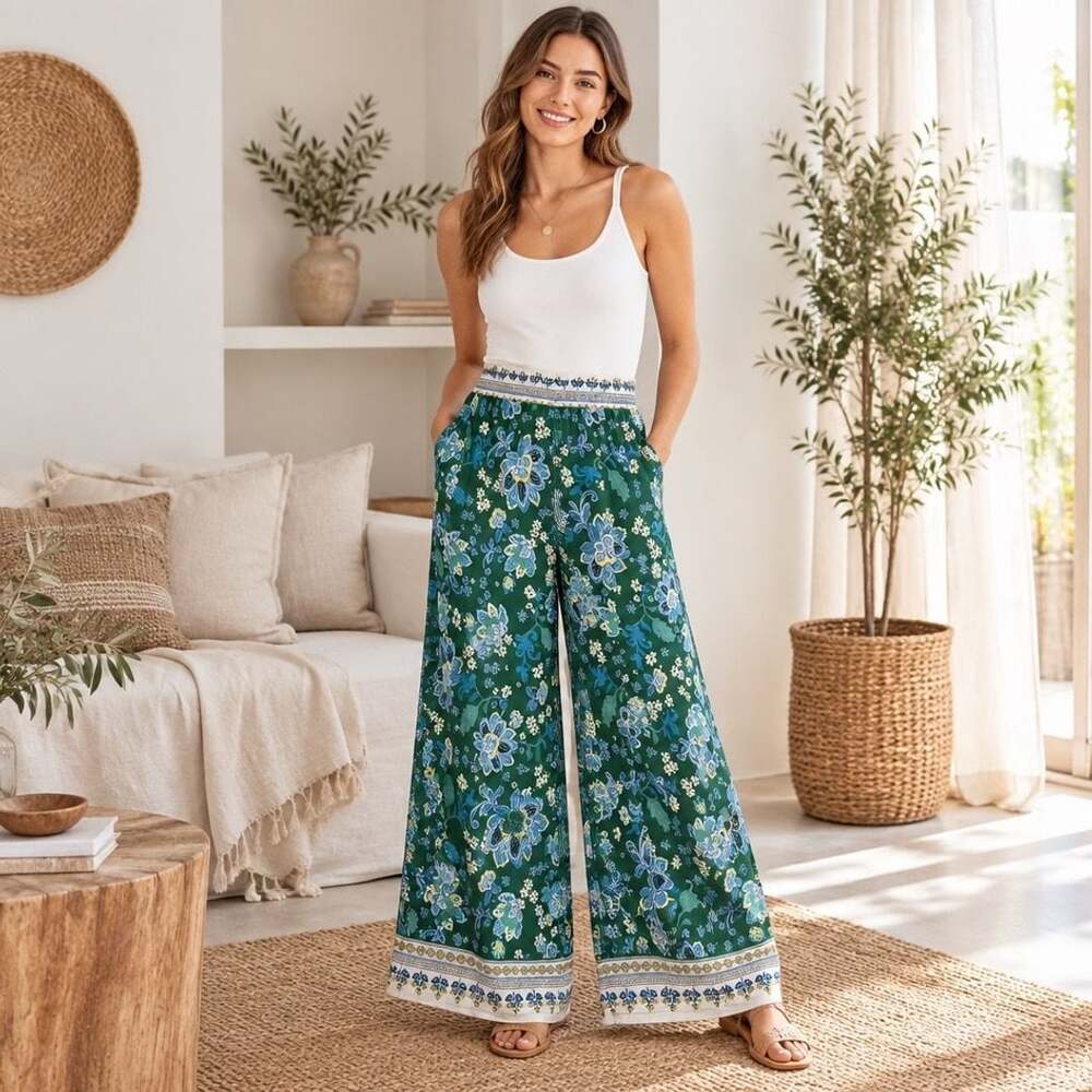 maeve Wide Leg Pants Size XL Green Floral Printed Palazzo